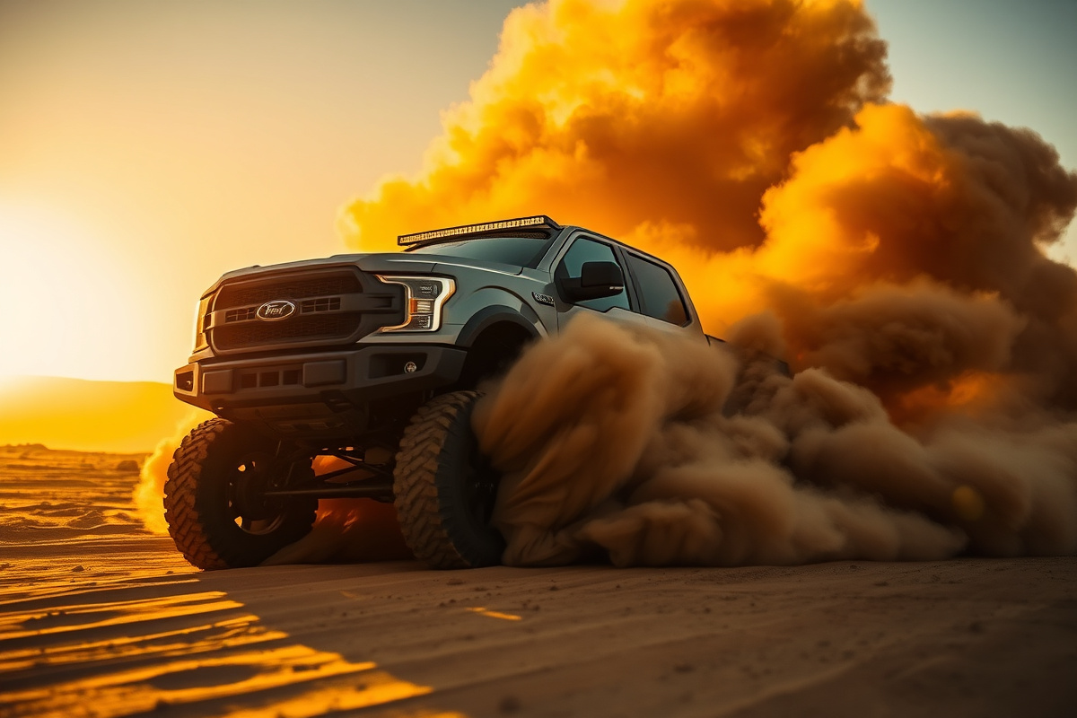 Lifted off-road truck kicking up dust in the desert at golden hour